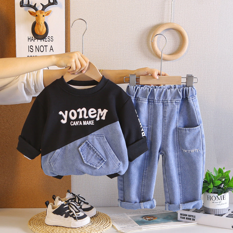 Boys' Spring Autumn Outfit 2026 New Children's Fall Clothing Letter Patchwork Denim Sports Two-Piece Set Trendy and Stylish