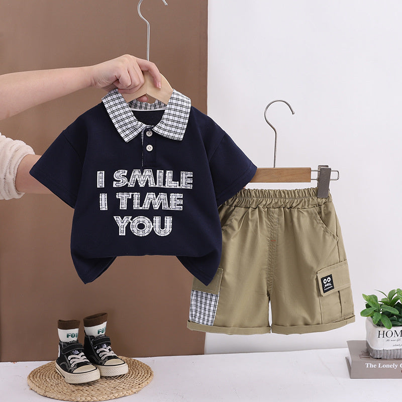 Boys' Summer Outfit 2026 New Style 1-2-3 Years Old, Stylish Plaid Patchwork Short Sleeve and Shorts Two-Piece Set for 4-Year-Olds
