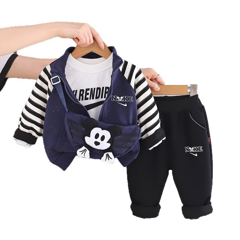 Boys' Autumn Outfit 2025 New Stylish Baby Spring-Autumn Clothes Children's Cartoon Crossbody Bag Three-Piece Casual Trendy Set