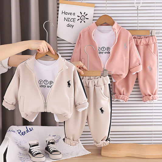 Boys' and Autumn Outfit 2026 New Style Baby Spring Embroidered Jacket Three-Piece Set Stylish Children's Clothing for Ages 1-5