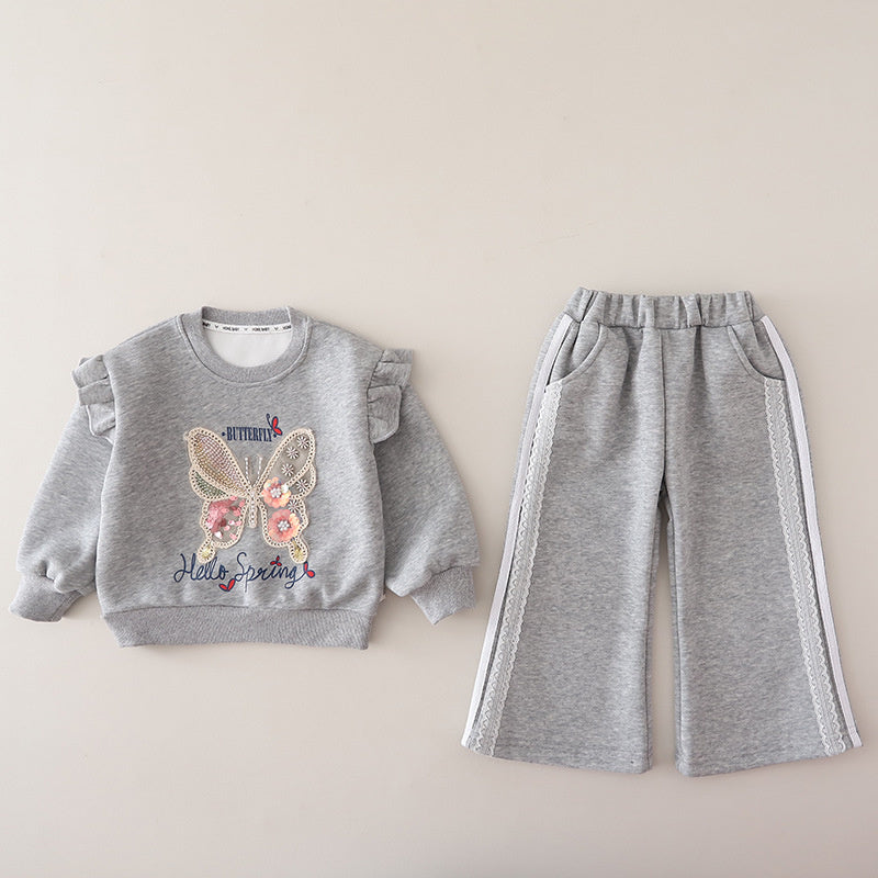 Girls' Spring and Outfit 2026 New Fashionable Baby Girl Autumn Clothing Korean Style Butterfly Sweatshirt Two-Piece Cartoon Trendy Set
