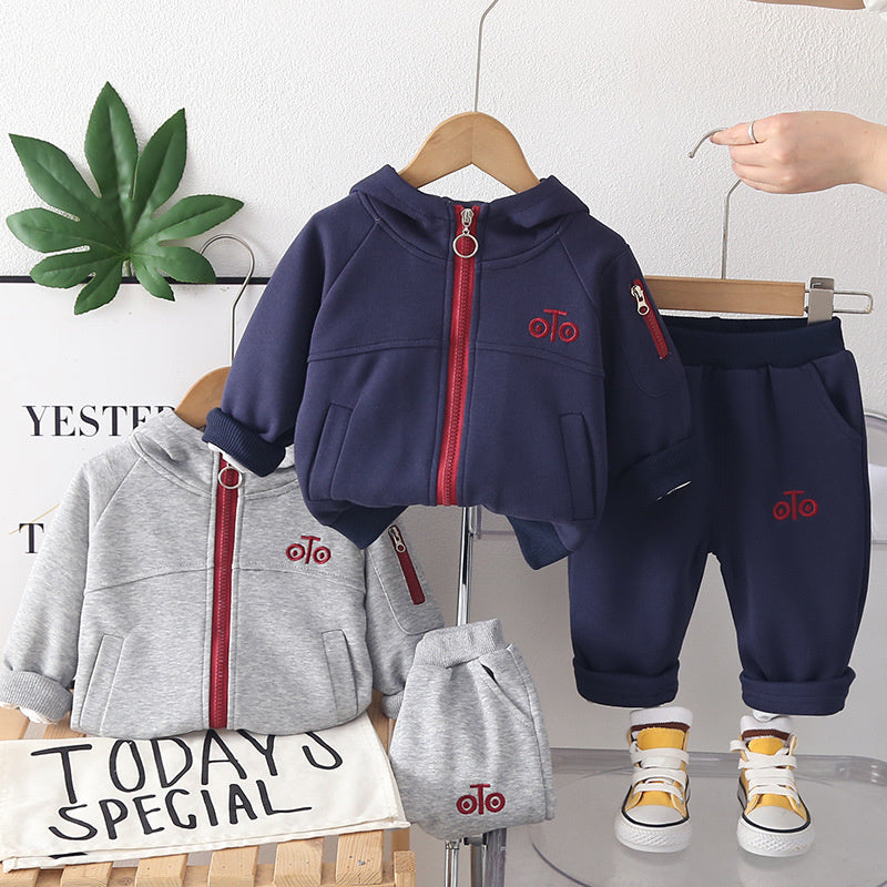 Boys' 2026 Spring Casual Set: Solid Color Hooded Zipper Jacket and Sporty Simple Two-Piece Set with Contrasting Colors