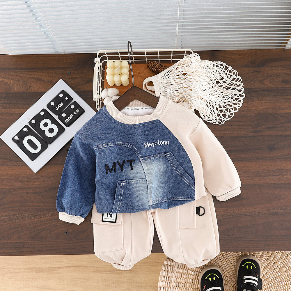 Children's Autumn Clothing for Boys 1-3 Years Old, Cute Outfit, Two-Piece Set with Denim Sleeves, Trendy Baby Clothes 2