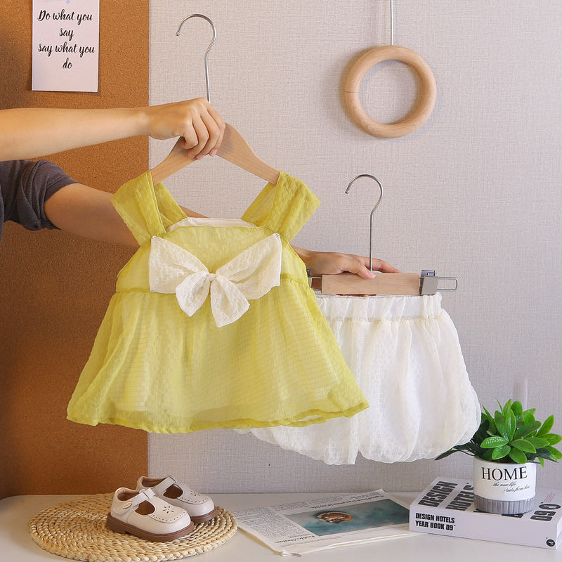 2026 Girls' Strap Dress with Big Bow and Tulle Skirt Set, Korean Style Casual Cute Summer Outfit, New Two-Piece Trendy Set