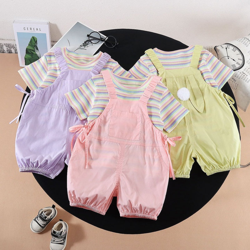 Girls' Outfit 2026 New Children's Short-Sleeve Rainbow Striped Pom-Pom Overalls Two-Piece Set for Baby Summer