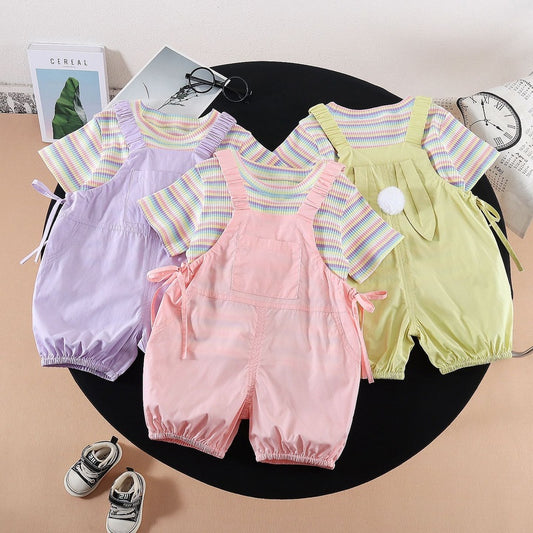 Girls' Outfit 2026 New Children's Short-Sleeve Rainbow Striped Pom-Pom Overalls Two-Piece Set for Baby Summer