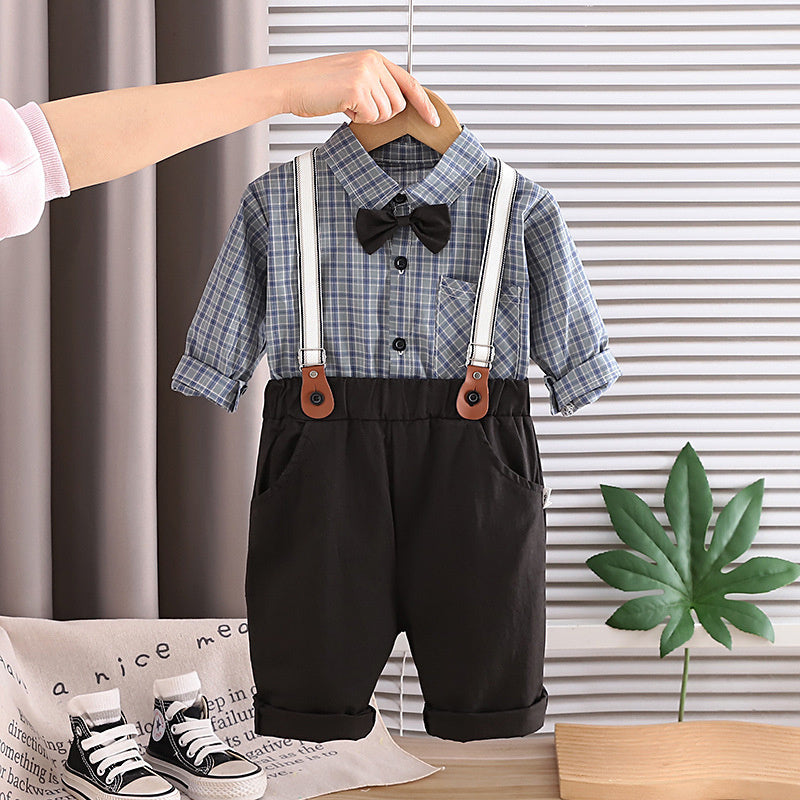 Baby Autumn Outfit: Plaid Shirt and Overalls Set, Stylish Spring-Autumn Clothes for 1-3 Year Olds, Two-Piece Trendy Children's Clothing