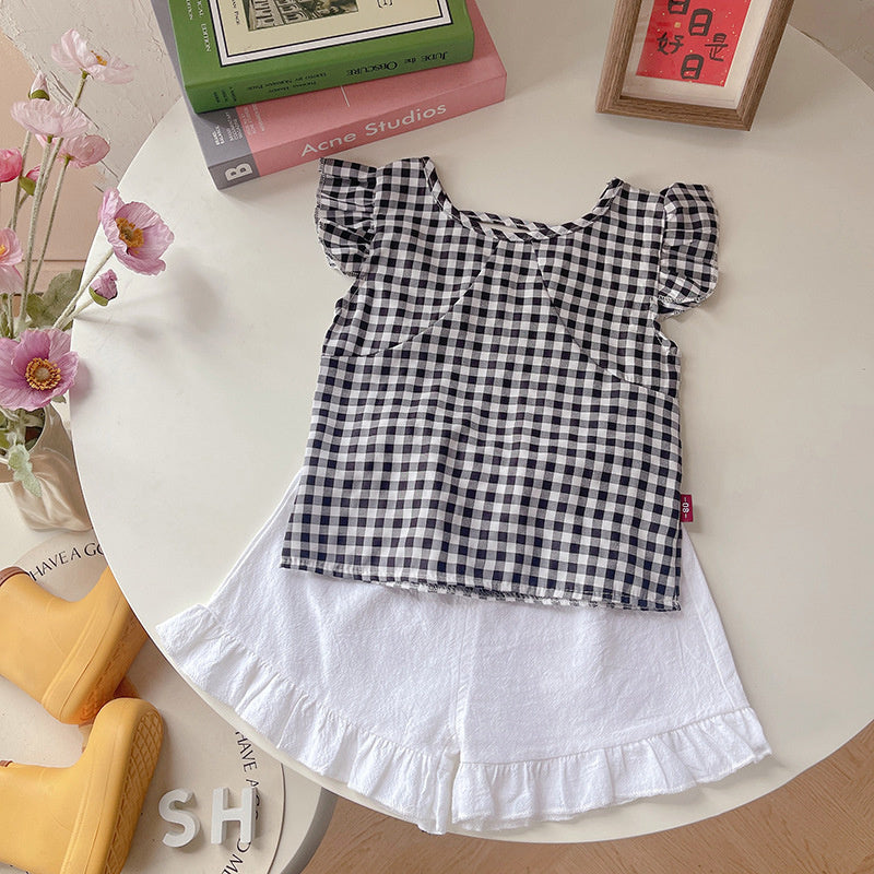 Girls' 2026 New Fashionable Children's Clothing, Flutter Plaid Short Sleeve Shorts, Baby Girl Summer Outfit