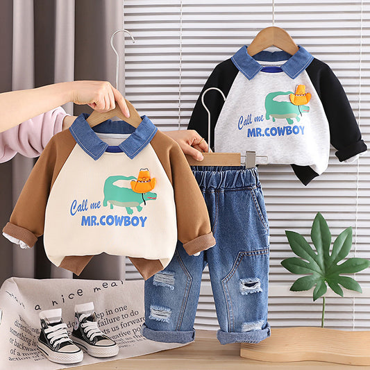 Boys' Outfit 2026 New Style Infant Children's Spring and Autumn Denim Collar Crocodile Sweatshirt Two-Piece Set for Handsome Boys