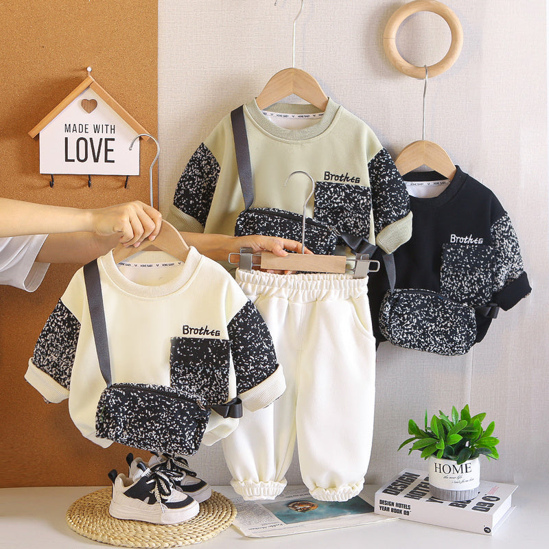 Boys' Outfit for Spring and 2026 New Style Baby Autumn Clothing Korean Version Casual Round Neck Hoodie Two-Piece Set Wholesale