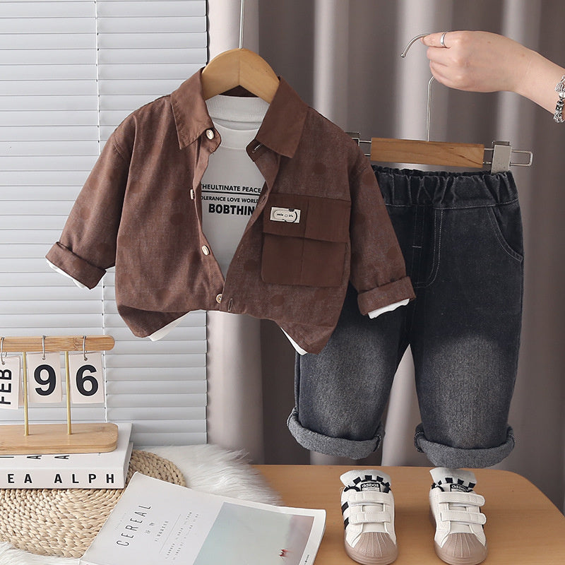 Boys' Spring and Outfit 2026 New Fashionable Casual Polka Dot Three-Piece Set Children, Trendy Autumn Jacket for Babies