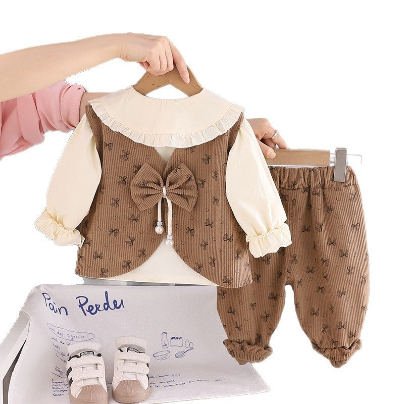 Girls' Outfit 2026 New Stylish Corduroy Vest Three-Piece Set Baby Children's Spring and Autumn Clothes Trendy