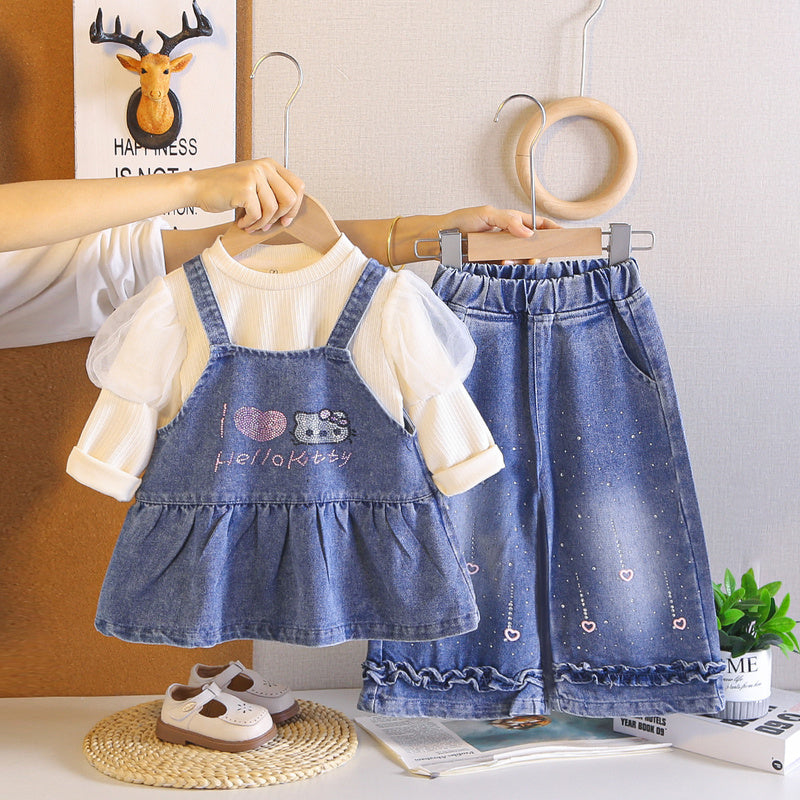 Girls' Outfit 2026 New Fashionable Children's Clothing Baby Denim Suspender Skirt Three-Piece Set Spring and Autumn Clothes