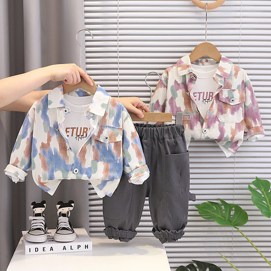 Boys' Casual Tie-Dye Pocket Three-Piece Outfit, Stylish Fashionable and Autumn Baby Children's Spring Clothing Trend