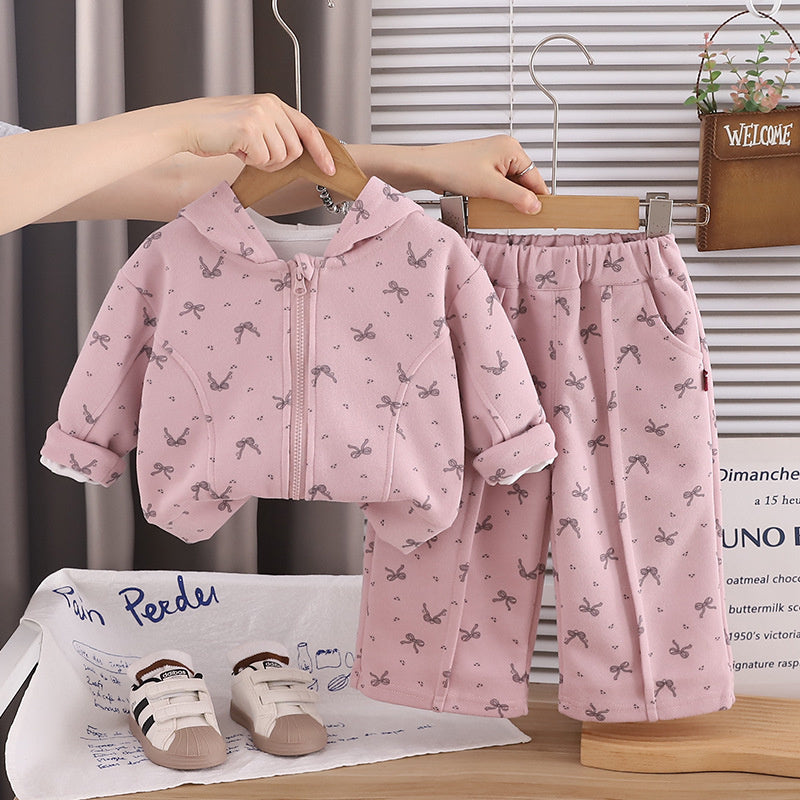 Girls' Outfit 2026 New Fashionable Bowknot Hooded Zipper Jacket Two-Piece Set for Toddlers in Autumn