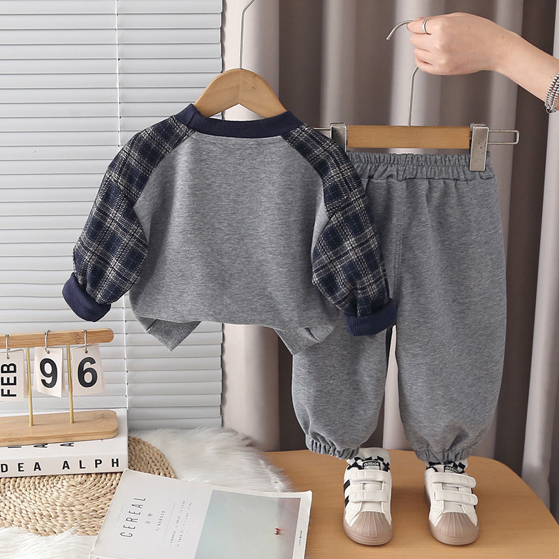 Baby Outfit 2026 New Infant Clothes Spring and Autumn Style Boys' Stylish Casual Plaid Sleeve Sweatshirt Set