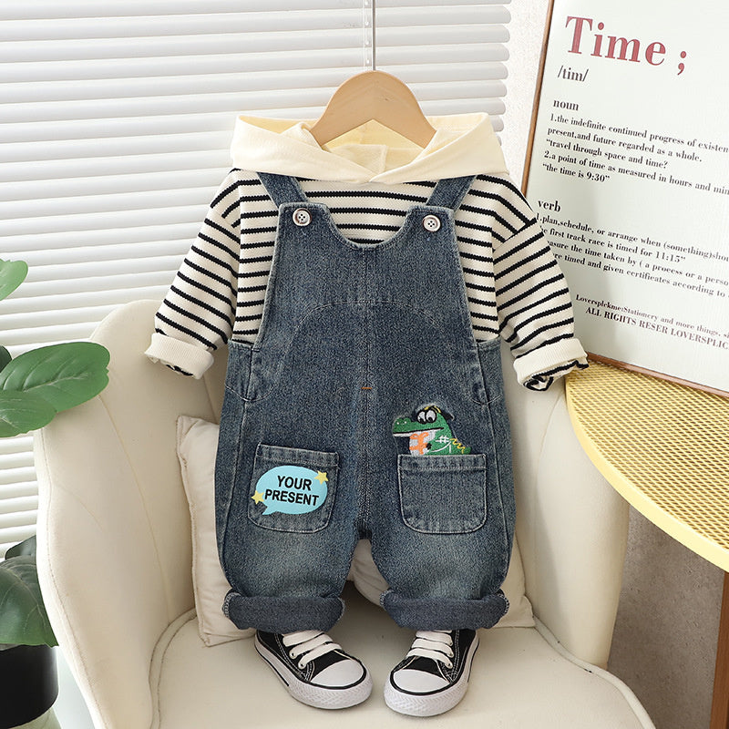 Boys' Spring and Striped Dinosaur Overalls Set 2023 New Baby Children's Clothing Toddler Autumn Fashionable