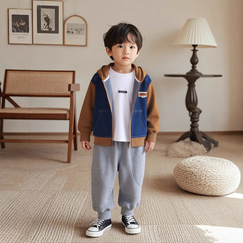 Boys' Outfit 2025 New Stylish Children's Spring and Autumn Baby Korean Style Patchwork Denim Hoodie Three-Piece Set