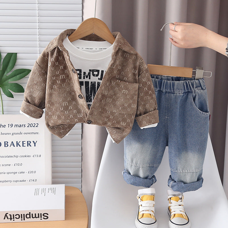 Boys' Outfit 2026 New Style Baby Furry Letter Cardigan Three-Piece Set Infant Children's Spring and Autumn Fashion Clothing