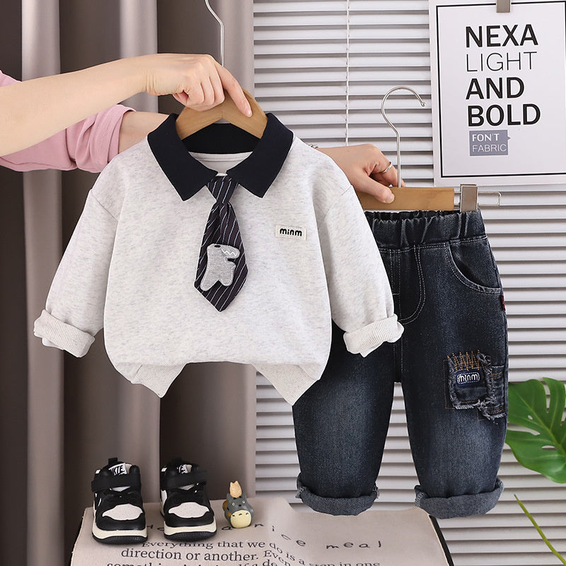Boys' Outfit 2026 New Fashionable Tie Dinosaur Two-Piece Set Baby Autumn Stylish Casual Toddler Sportswear