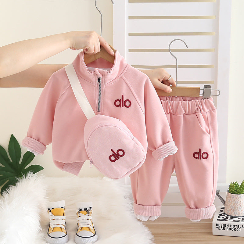 Trendy Boys Girls Crossbody Bag Half-Zip Spring and Autumn Sweatshirt Set 2025 New Children's Casual Sports Stylish Clothes