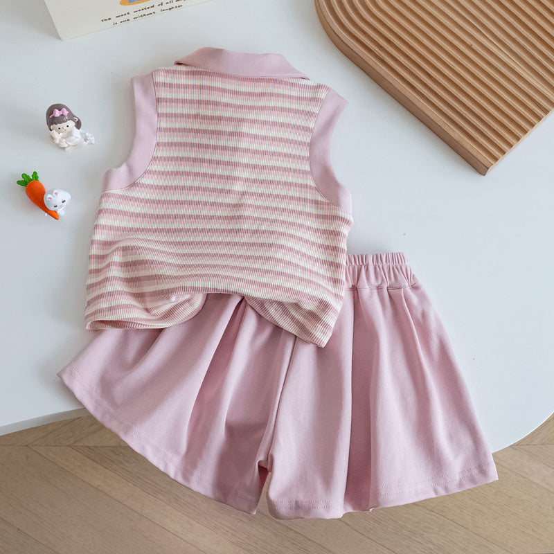Kindergarten Baby Summer Korean Striped Vest T+ Pleated Cute Pink Shorts Girls Polo Shirt Set