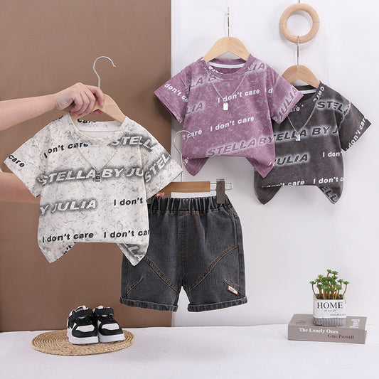 Baby children's clothing summer set, 2026 new stylish clothes for infants and toddlers, boys' two-piece short-sleeve set with letter necklace