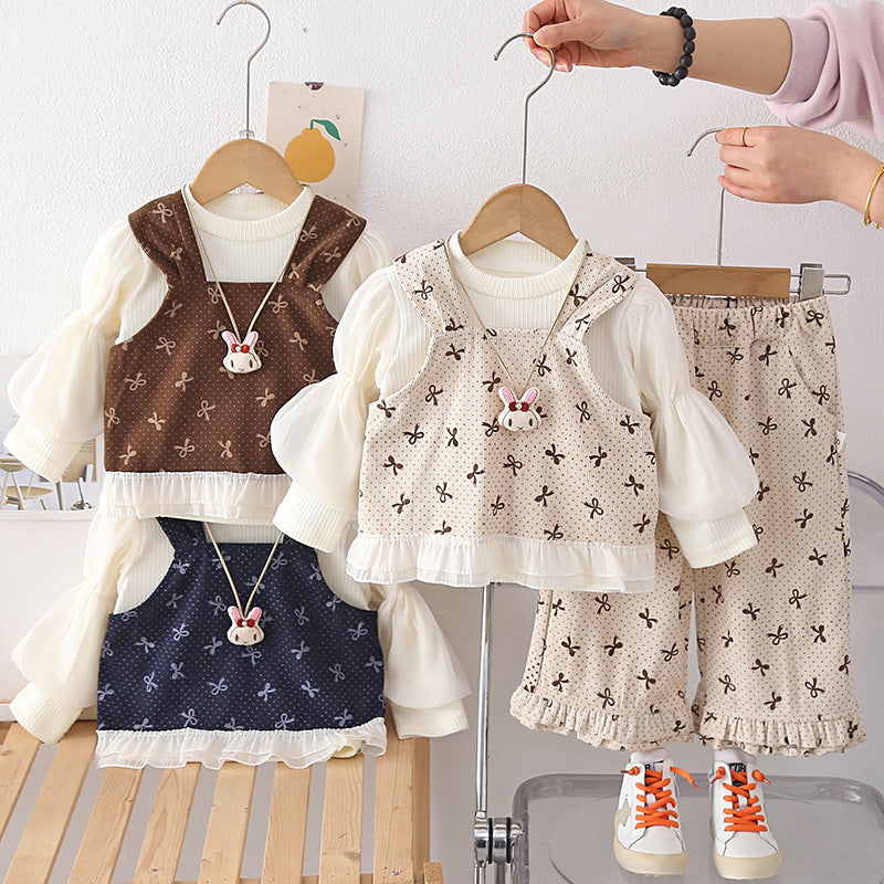 Girls' Autumn Three-Piece Set with Bunny Pendant 2026 New Fashionable and Stylish Spring Outfit for Baby Girls