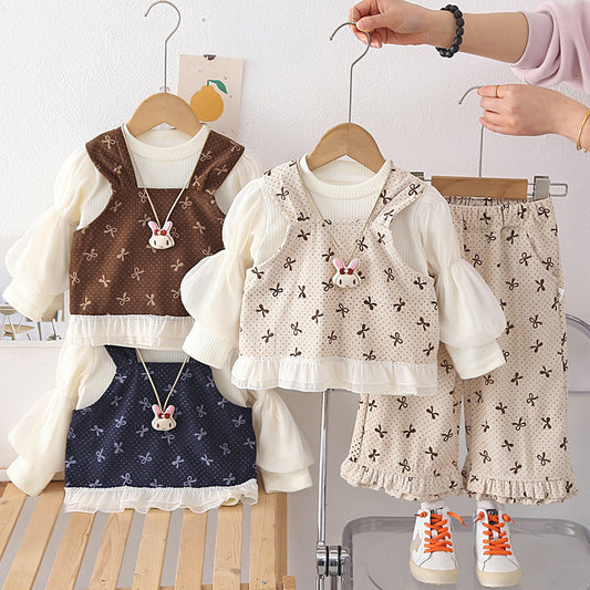 Girls' Autumn Three-Piece Set with Bunny Pendant 2026 New Fashionable and Stylish Spring Outfit for Baby Girls