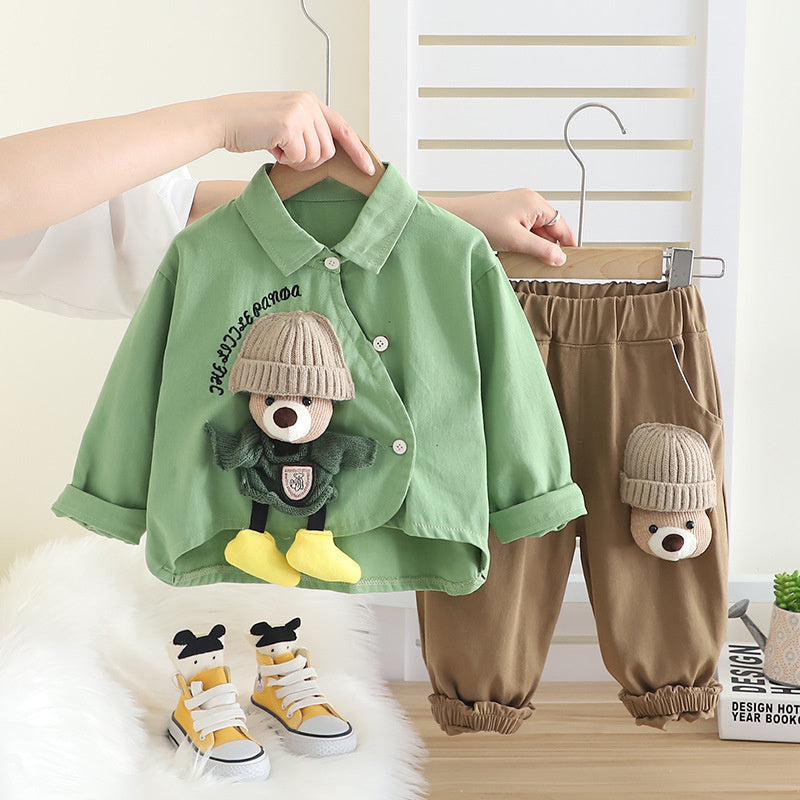 Baby Stylish Fashionable Outfit 2025 New Children's Plush Bear Shirt Two-Piece Set Boys Spring and Autumn Long Sleeve