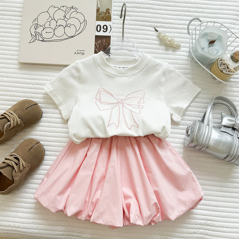 Girls' Summer Outfit New Embroidered Bow Short-Sleeve T-Shirt and Bud Shorts Casual Two-Piece Set for Girls