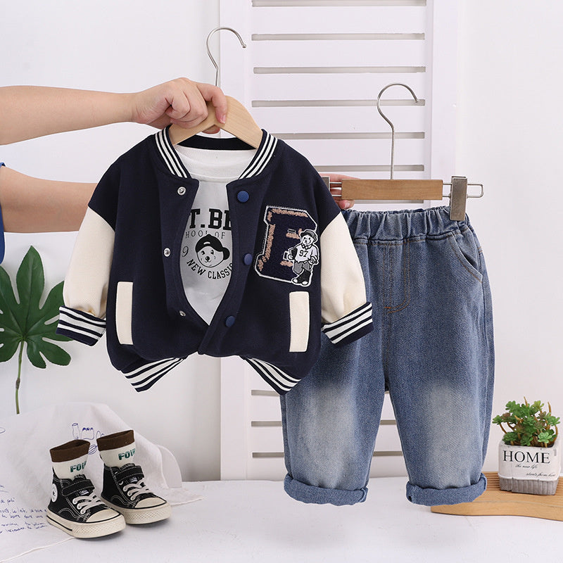 2025 New Little Boys' Spring and Children's Autumn Outfit Towel Embroidered Baseball Jacket Three-Piece Set