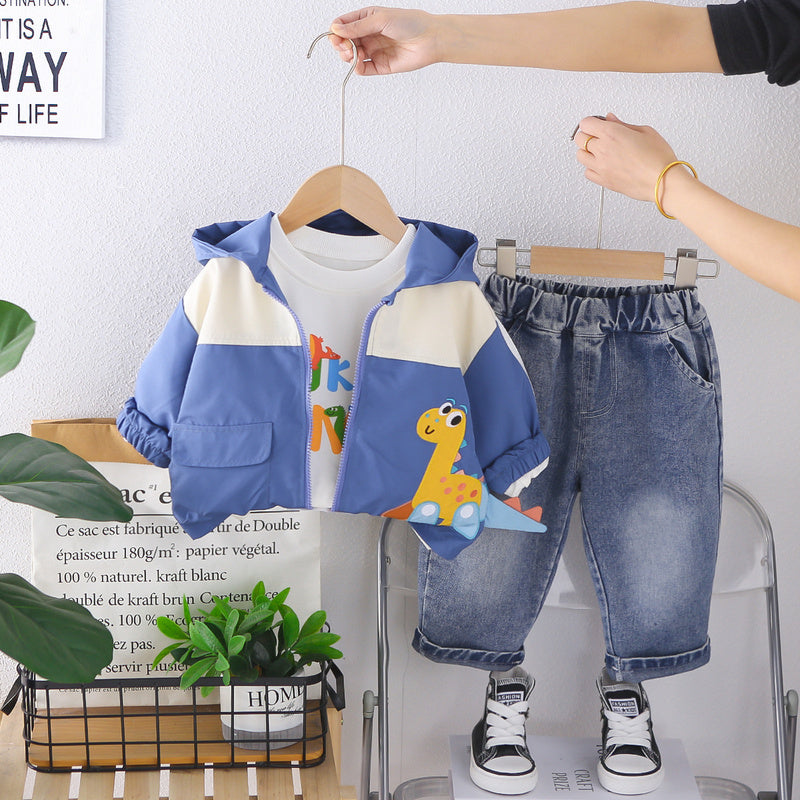 Boys' Spring and Autumn Outfit 2026 New Fashionable Children's Dinosaur Zipper Three-Piece Set Baby Cartoon Long-Sleeve Jacket