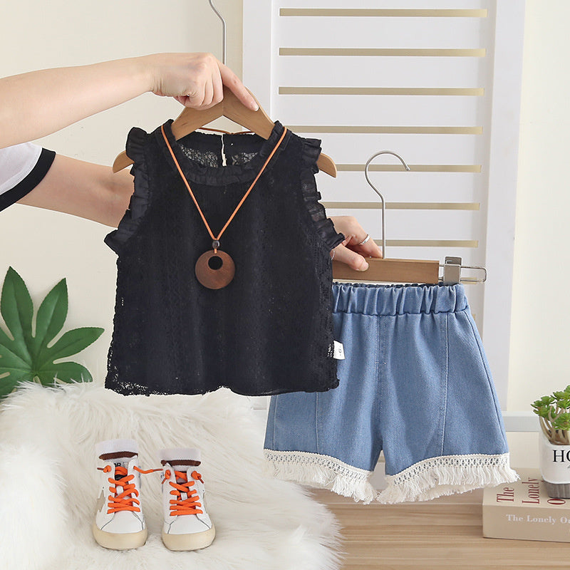 Girls' Summer Jacquard Vest 2026 New Fashionable Children's Baby Girl Lace Shorts Two-Piece Set Trendy