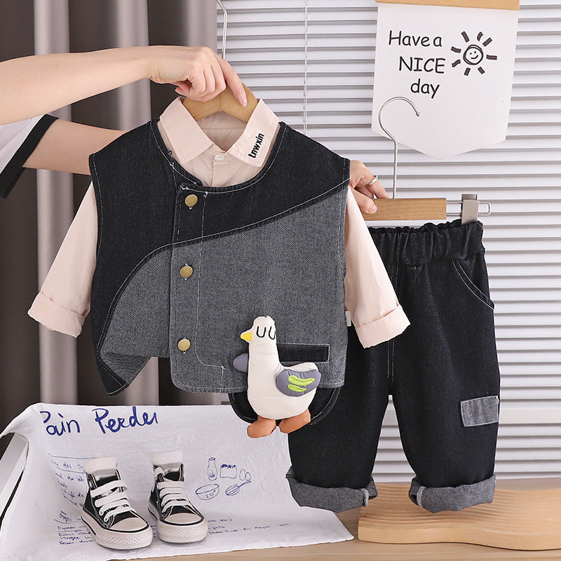 Children's Outfit 2026 New Spring and Autumn Little Duck Denim Vest Three-Piece Set 0-5 Year Olds, Trendy for Young Children