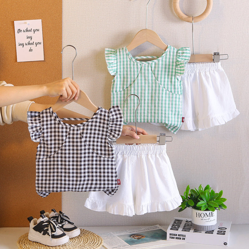 Girls' 2026 New Fashionable Children's Clothing, Flutter Plaid Short Sleeve Shorts, Baby Girl Summer Outfit