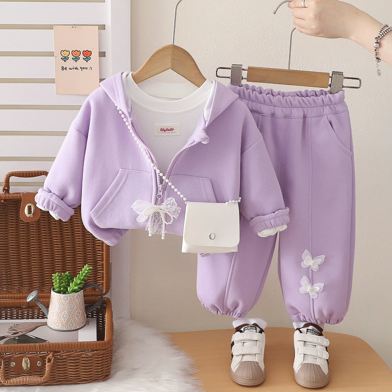 Girls' Outfit 2026 New Korean Style Children's Lace Butterfly Dress Baby Girl Autumn Casual Three-Piece Set