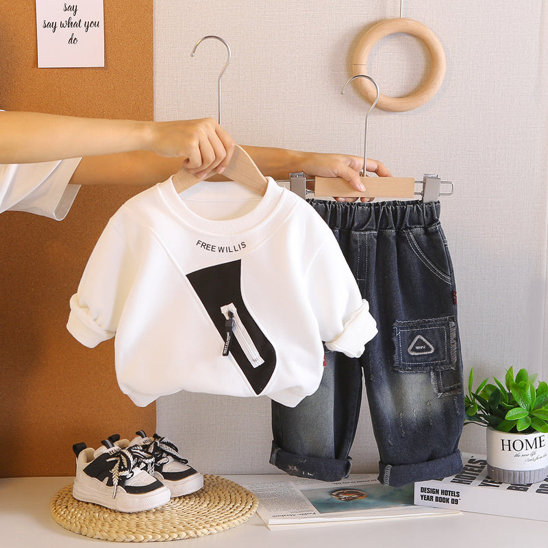 Boys' Spring and Autumn Zipper Pocket Long Sleeve Sweatshirt Two-Piece Set Baby Clothes 1-5 Years Old New Infant Casual Outfit 2