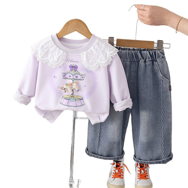 Girls' 2026 New Korean Style Fashionable Baby Lace Collar Two-Piece Casual Spring Outfit with Jeans Trendy