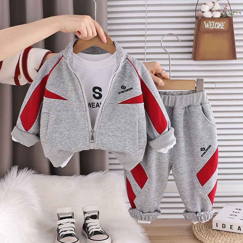 Spring and Autumn Jacket Set, Children's Sports Stand-up Collar Three-piece Set for 1-2-3 Year Old Baby, Casual Boys' Clothing