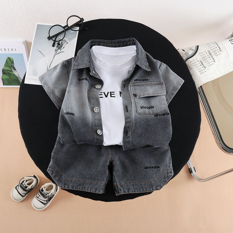 Boys Outfit 2026 New Fashionable Trendy Baby Summer Clothes Children's Denim Short Sleeve Three-Piece Set
