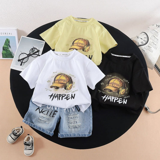 Children's clothing for boys, summer outfit 2026, Korean style, infant and toddler hat, headphones, short-sleeved stylish two-piece set