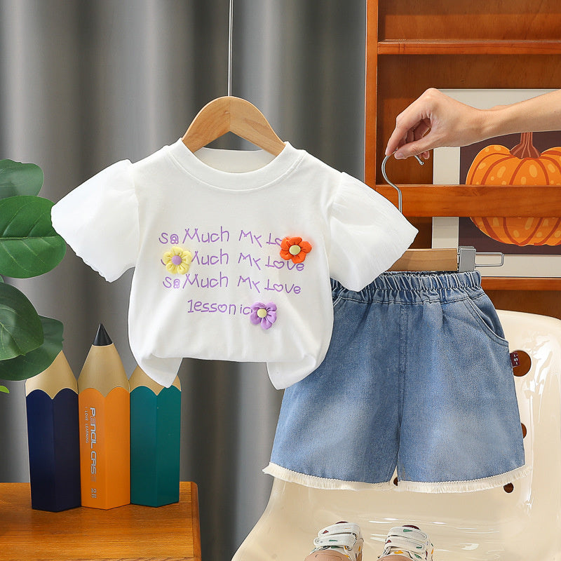 Girls' Outfit 2026 New Fashionable Baby Summer Clothes Three-Flower Short-Sleeve Two-Piece Set Children's Clothing