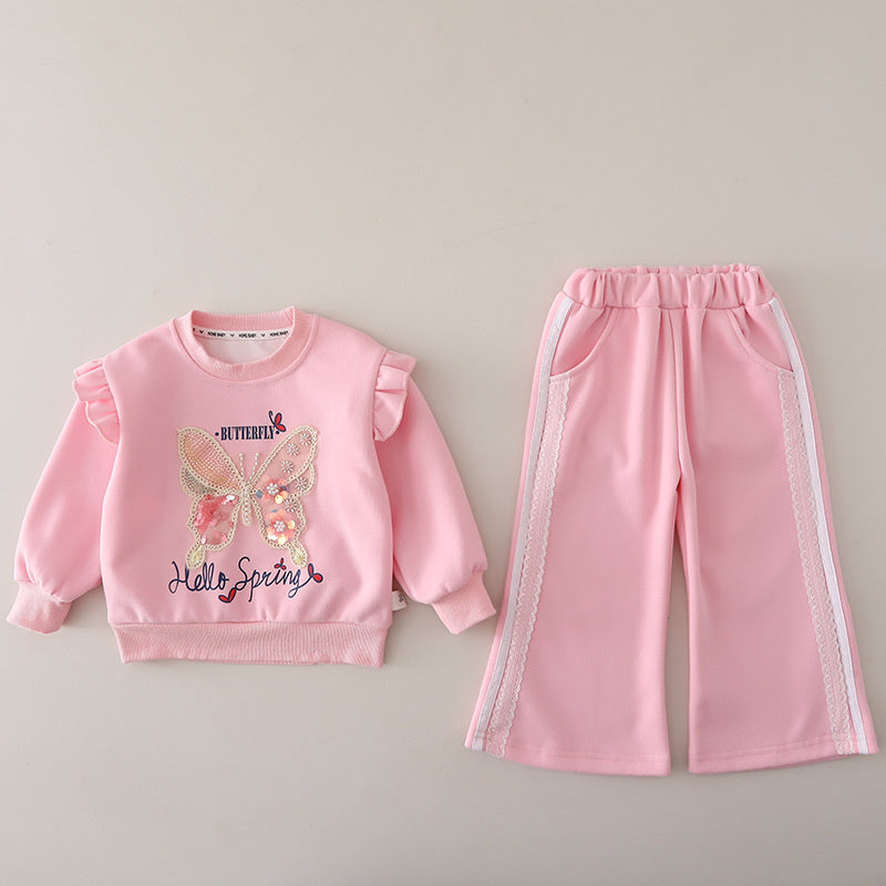 Girls' Spring and Outfit 2026 New Fashionable Baby Girl Autumn Clothing Korean Style Butterfly Sweatshirt Two-Piece Cartoon Trendy Set