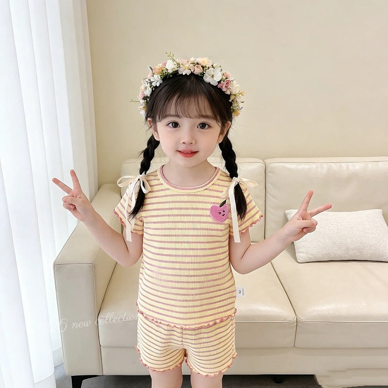 2026 Baby Thin Soft Striped Short Sleeve T-shirt and Elastic Waist Shorts Set Children's Summer Two-Piece Outfit