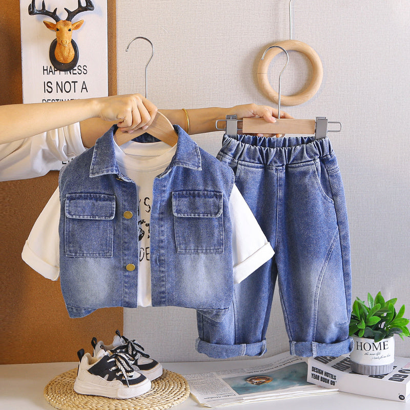 Boys' Outfit 2026 New Children's Double Pocket Denim Vest Three-Piece Set Baby Spring and Autumn Casual Wear