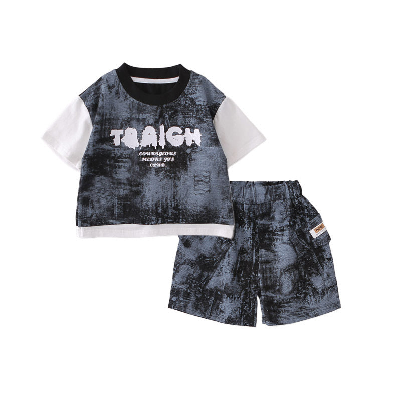 Boys' short-sleeve suit with patchwork sleeves, 2026 new baby summer clothing, infant and toddler two-piece set