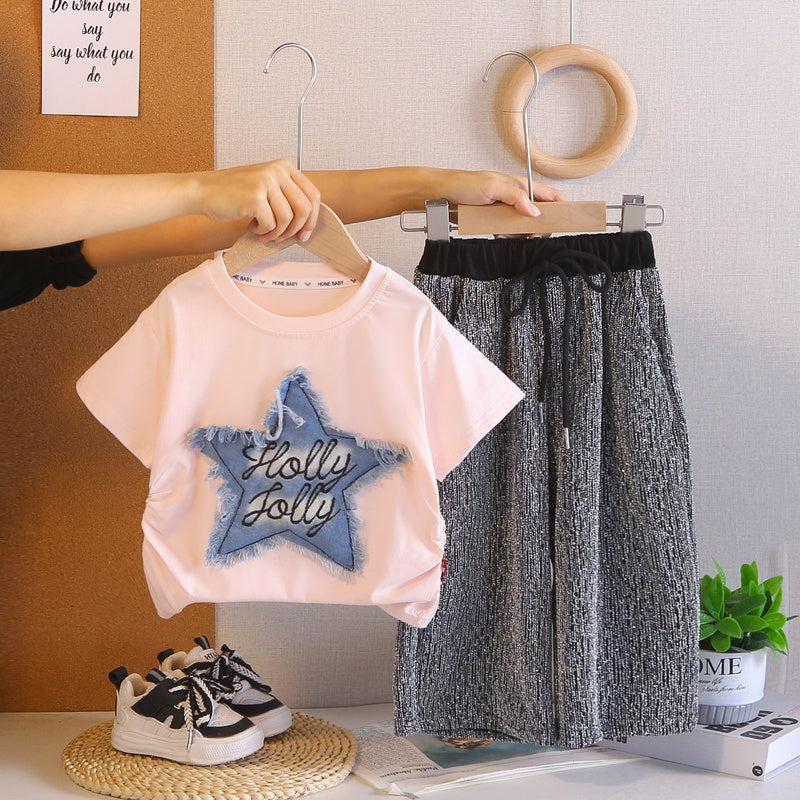Children's Summer Stylish Outfit 2026 New Girls' Casual Rhinestone Star Short Sleeve Long Pants Two-Piece Set