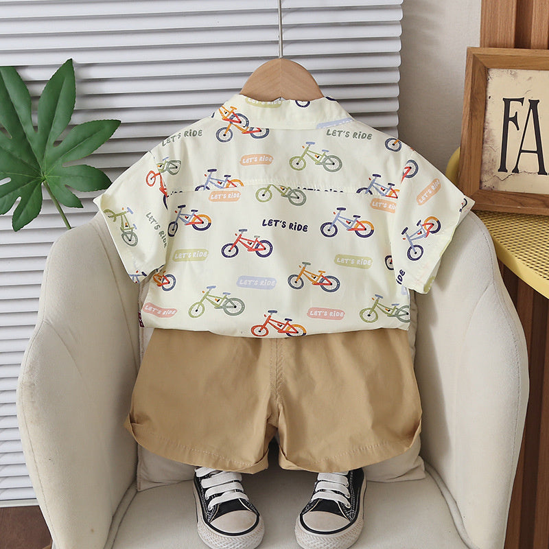Boys' Outfit 2026 New Children's Cartoon Bicycle Shirt Short Sleeve Baby Summer Casual Two-Piece Set