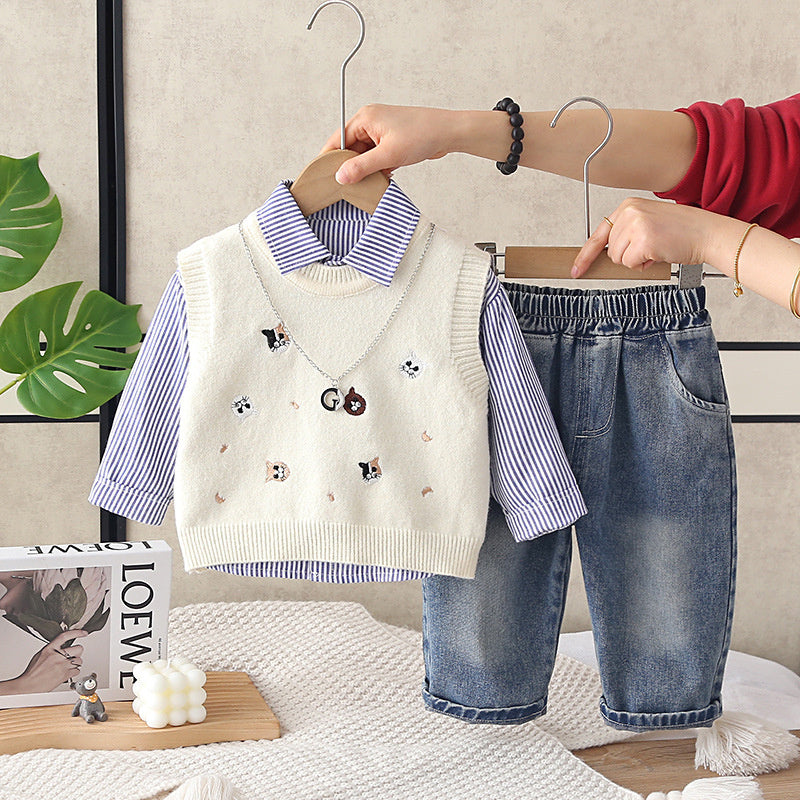 Boys' Sports Outfit 1-3 Years Old Baby Spring and Autumn Cat Sweater Vest Three-Piece Set Infant Toddler Clothing